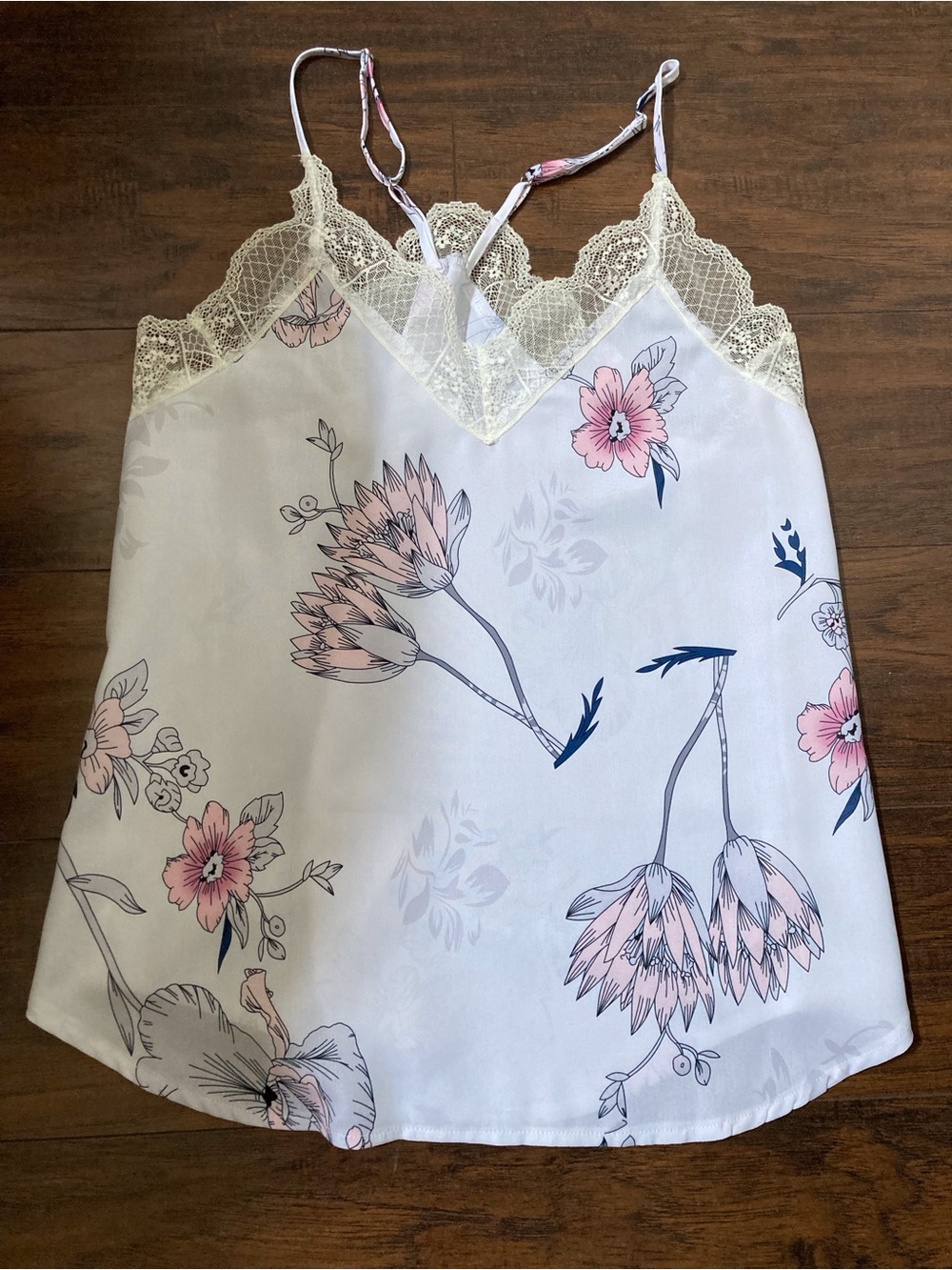 Floral Lace Trim Satin Cami - Floral